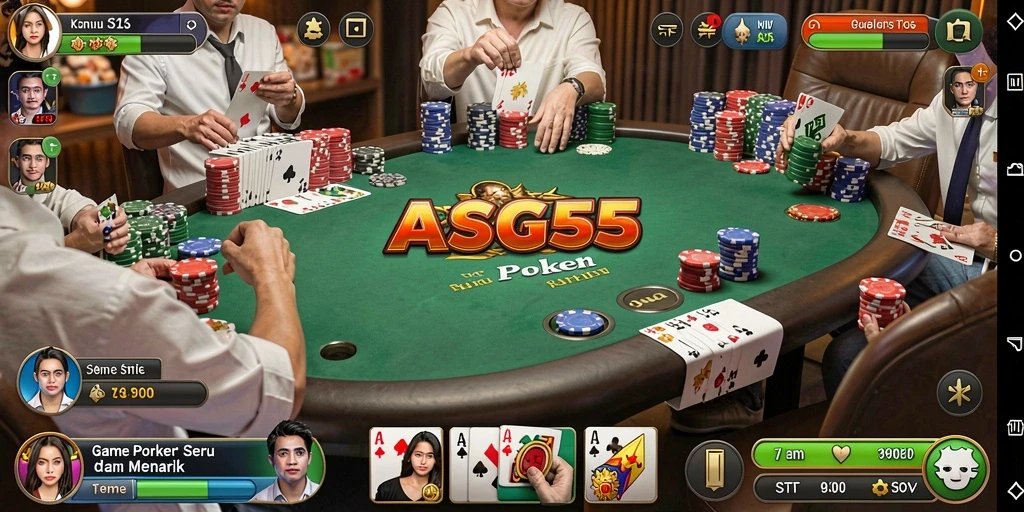 Tangkapan layar permainan <strong>ASG55</strong> menunjukkan aksi seru di meja poker.