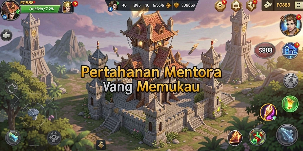 Screenshot gameplay FC888 yang menampilkan menara bertahan menghadapi serangan musuh.