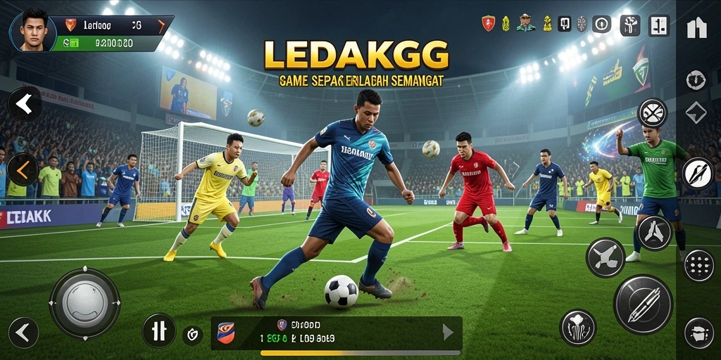 Tampilan gameplay seru dalam LEDAKGG dengan aksi sepak bola yang mendebarkan.
