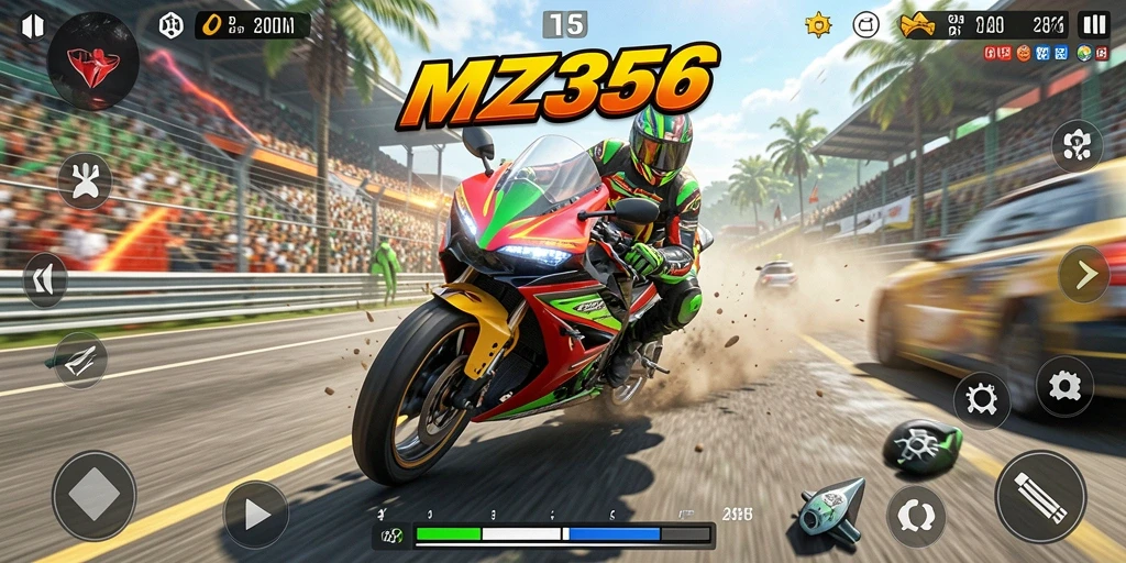 Screenshot utama MZ356 menunjukkan aksi balapan motor yang mendebarkan.