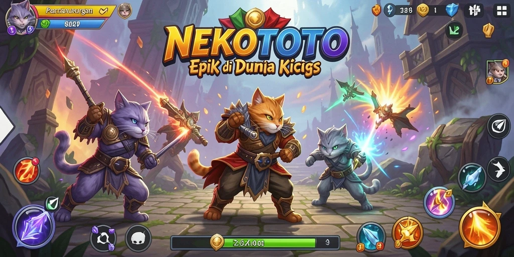Tangkapan layar gameplay NEKOTOTO menampilkan pertempuran kucing yang dinamis.