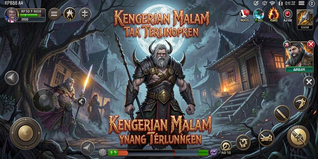 Screenshot gameplay RP888 yang menunjukkan suasana menyeramkan dan karakter menakutkan.